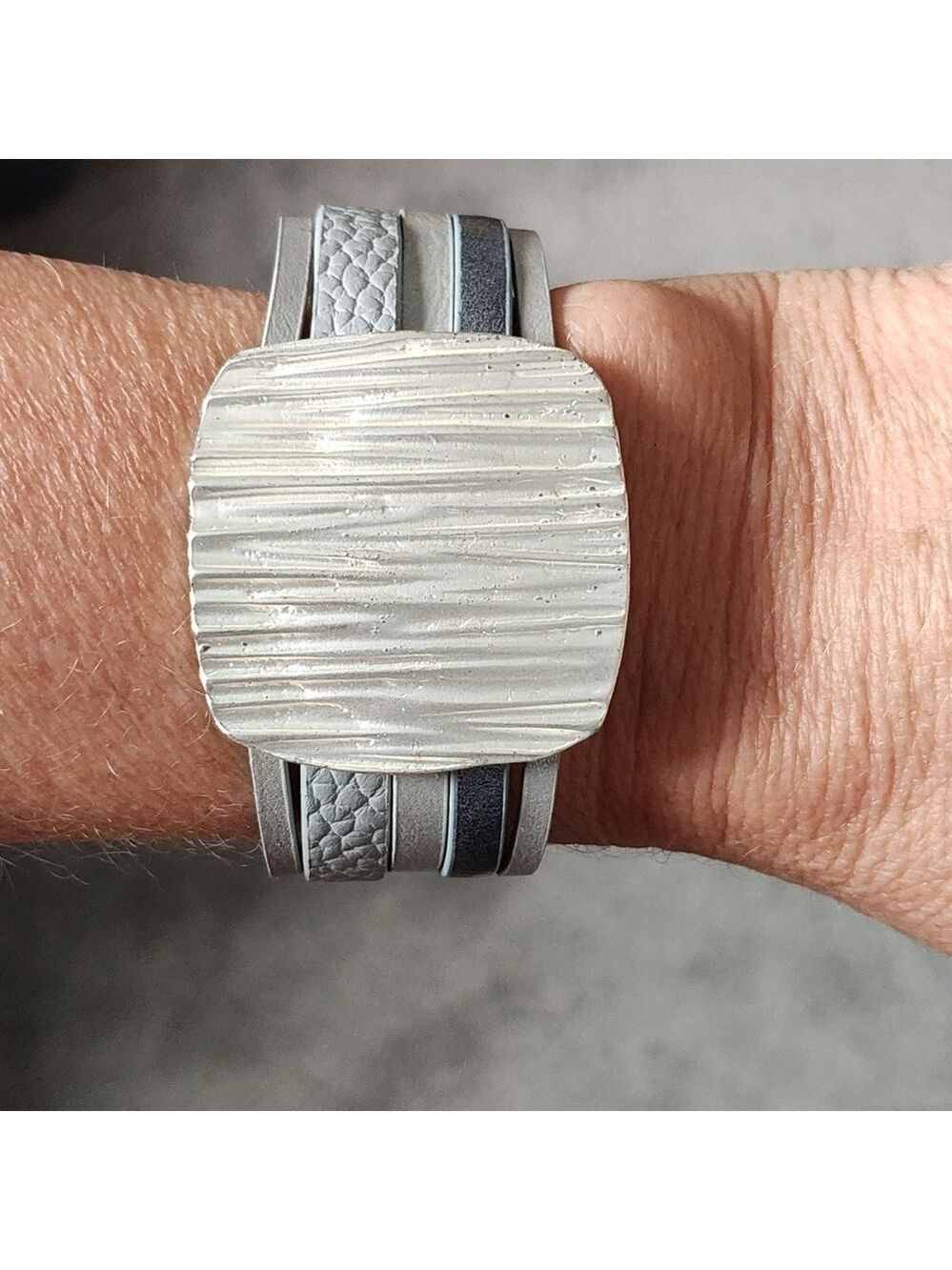 TRÏBE Matte Silver Colored Square Faux Leather Statement Bracelet NWT